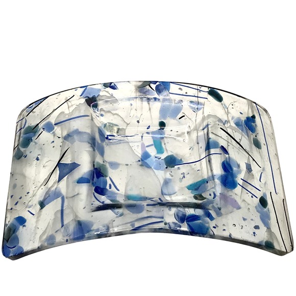 Handmade Fused Glass Abstract Blue Colors Candle Incense Holder Trinket Dish 8" - Picture 1 of 8